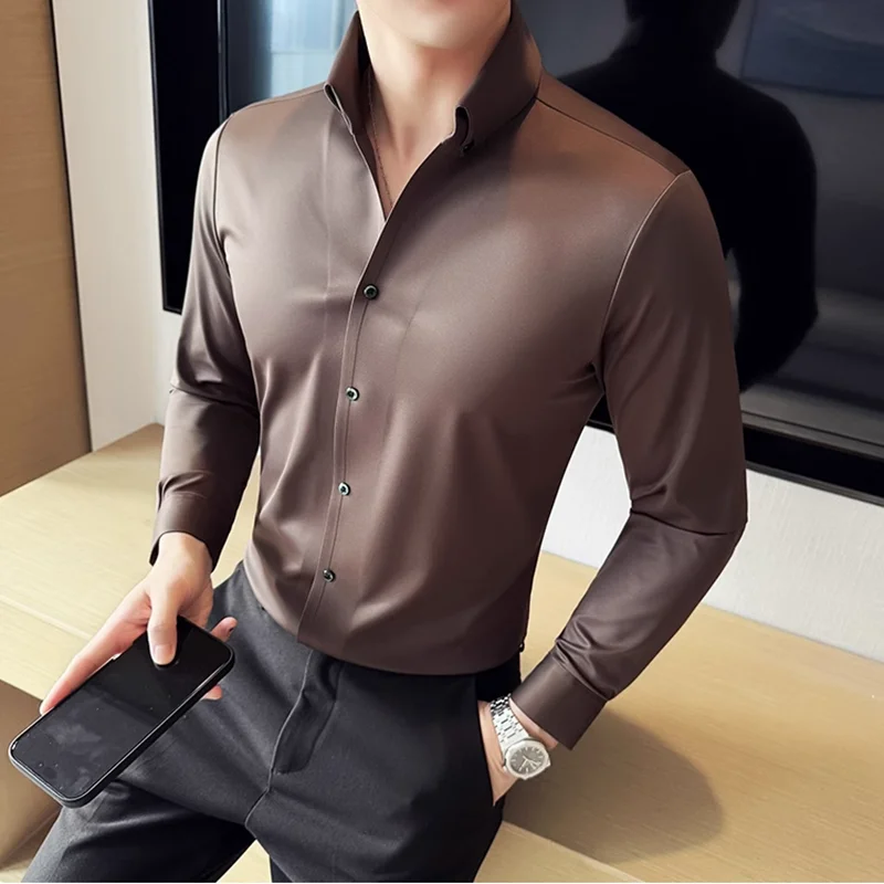 5A Antibacterial Men's Seamless Shirt High Quality Luxury Long Sleeved High Elastic Slim Fit Business V-neck Shirts Tuxedo 4XL-M