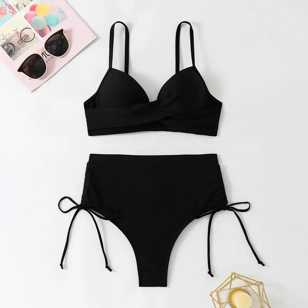 

Комплект бикини с пуш-ап, купальник с высокой талией для женщин, летние купальные костюмы, сексуальный наряд из двух предметов, черное бикини, пляжная одежда, винтажная одежда