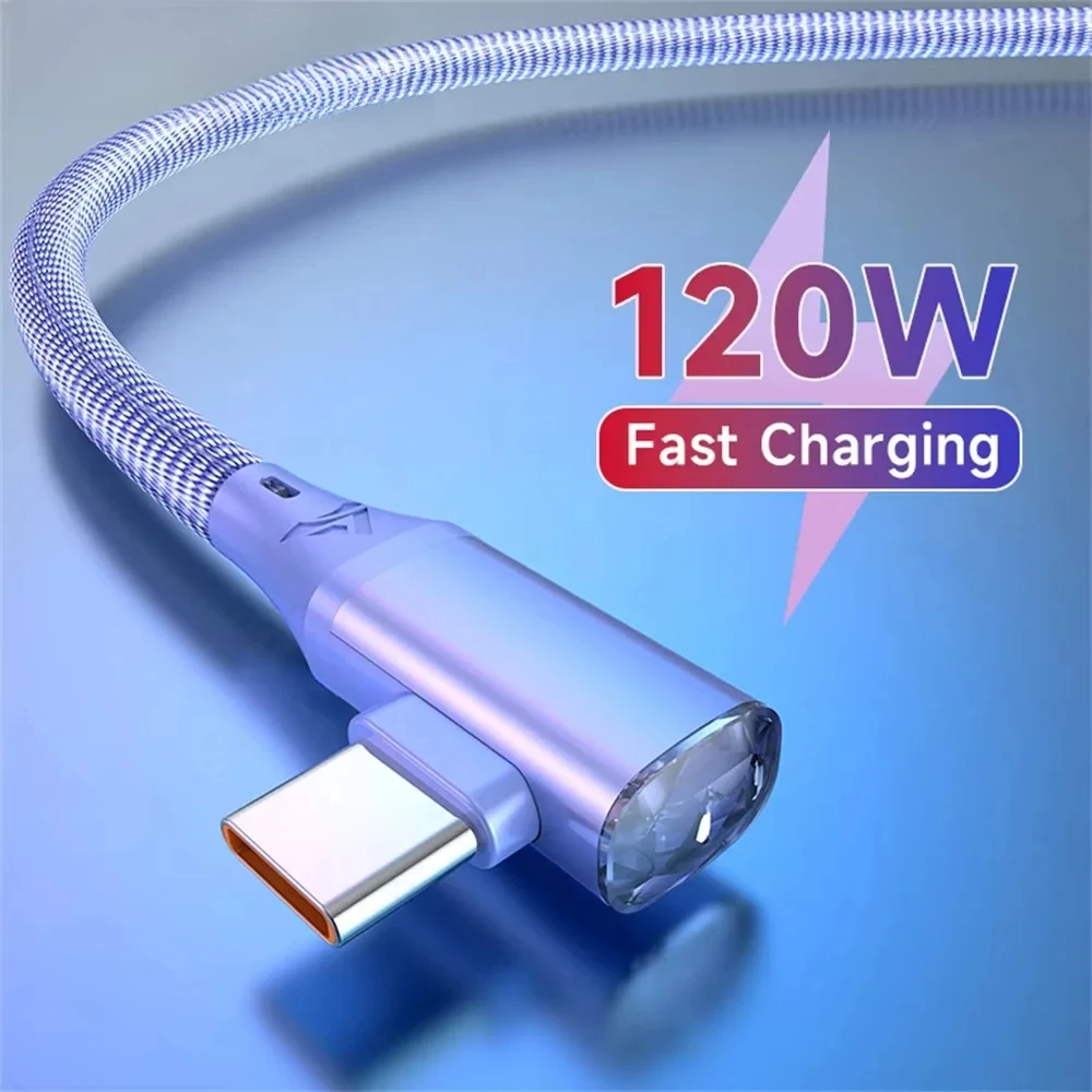 Cabo USB C para C de 120W 6A PD com conector em ângulo de 90 graus, cabo trançado para jogos, 480Mbps de transferência de dados, carregamento rápido para telefone, laptop e carro.