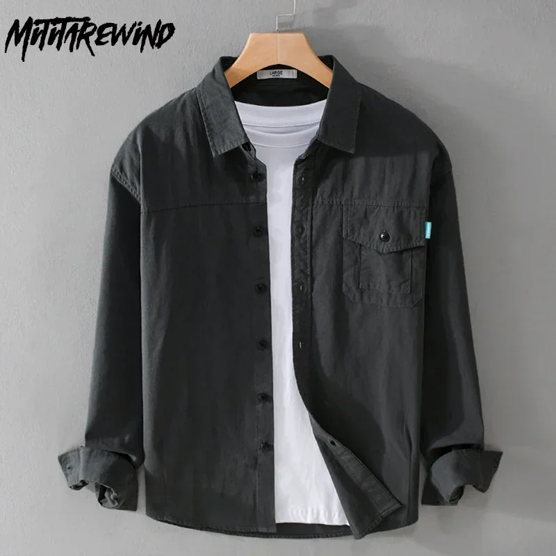 

American Retro Cargo Shirt Men Spring Fall Casual Pure Cotton Men Tops Simple Lapel Pocket Long Sleeve Shirt Man Daily Clothing