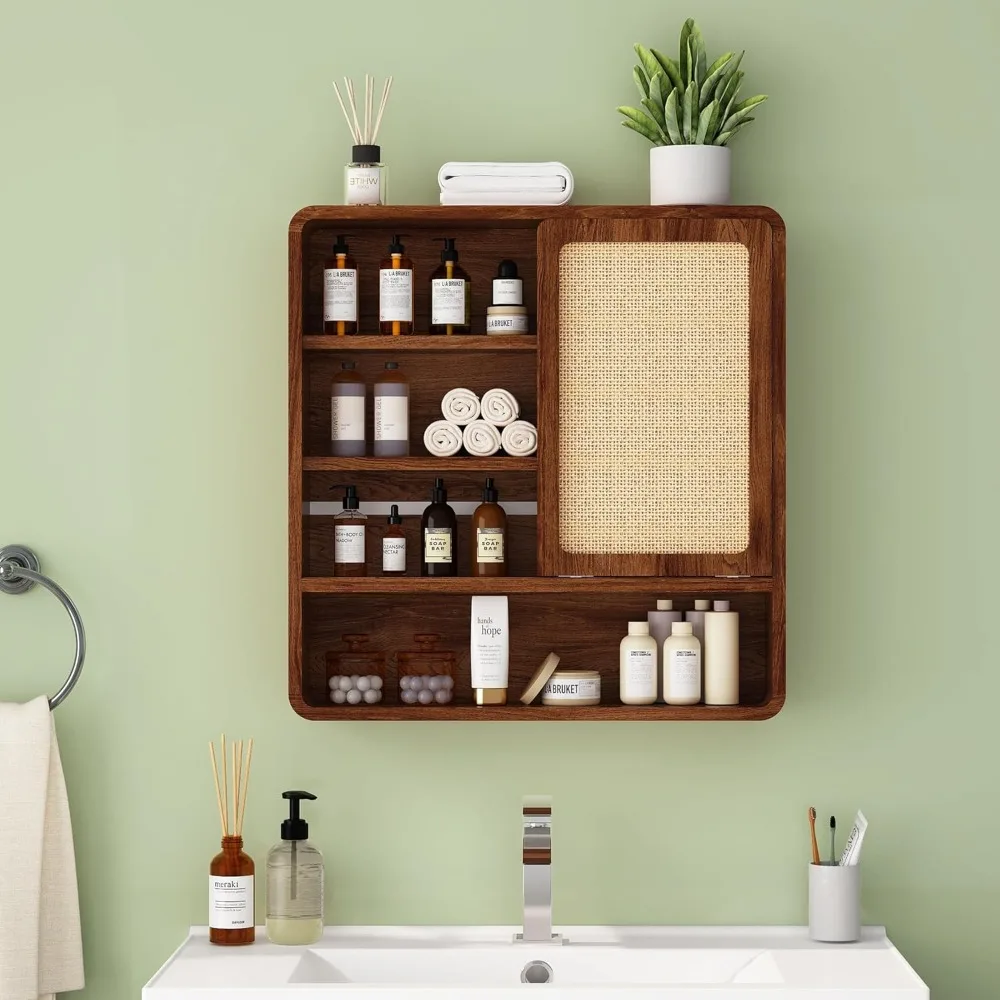

Wall Bathroom Cabinet with Flax Sliding Door, Wood Medicine Cabinet with Adjustable Shelf, Hanging Cabinet for Bathroom, Livingr