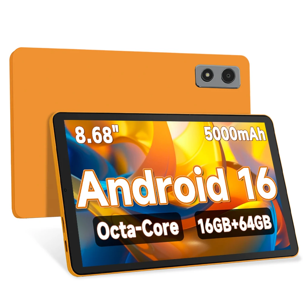 8.68 Inch Android 16 Tablet 16GB RAM+64GB ROM(1TB Expand) 4G LTE Octa Core Unisoc T616 5000mAh 1340x800 90Hz WiFi 6 Bluetooth 5