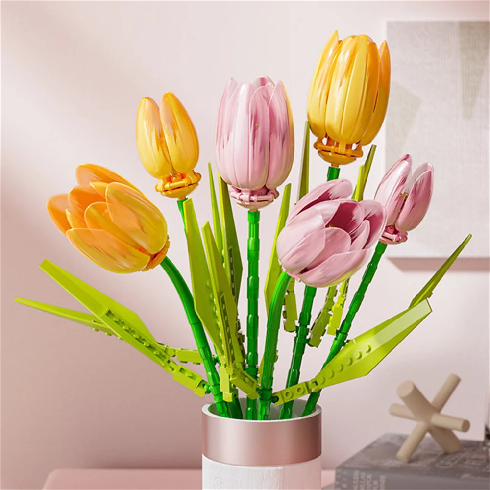 

City Creativity Flower Bouquet Tulip Potted Plant Model Home Display Building Blocks Bricks Bricks Children'S Toys
