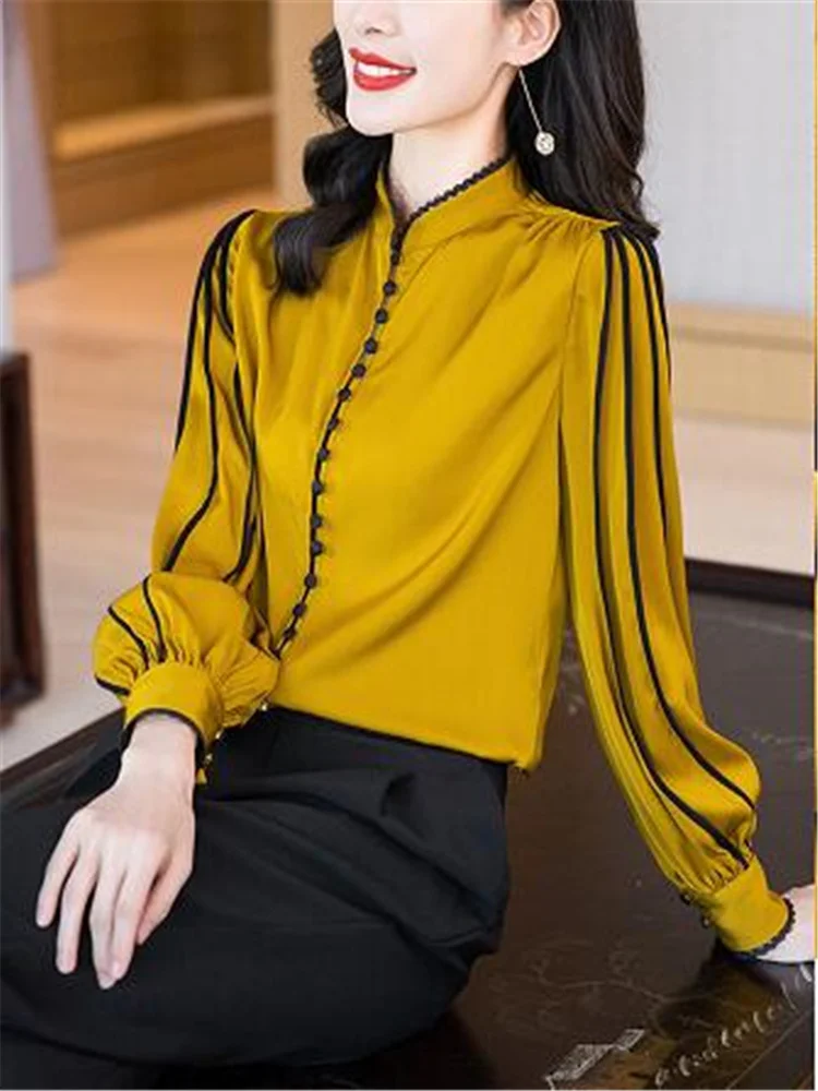 Satin Blouses Women Long-sleeved Shirt Solid Color Imitation Silk Shirt Autumn Woman Top Vintage Buttons Pullover Female Shirt