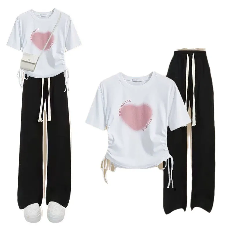 

Girls' Korean Version Summer 2025 New Stylish Casual Cartoon Love Short Sleeved Pants Two-Piece Set Trendy