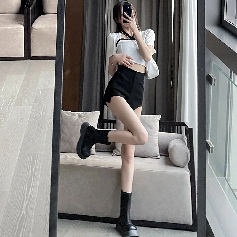 

2024New Irregular High Waist Black Suit Shorts for Women Spring and Autumn Small Hot GirlaWord Slim-Fit Super Short