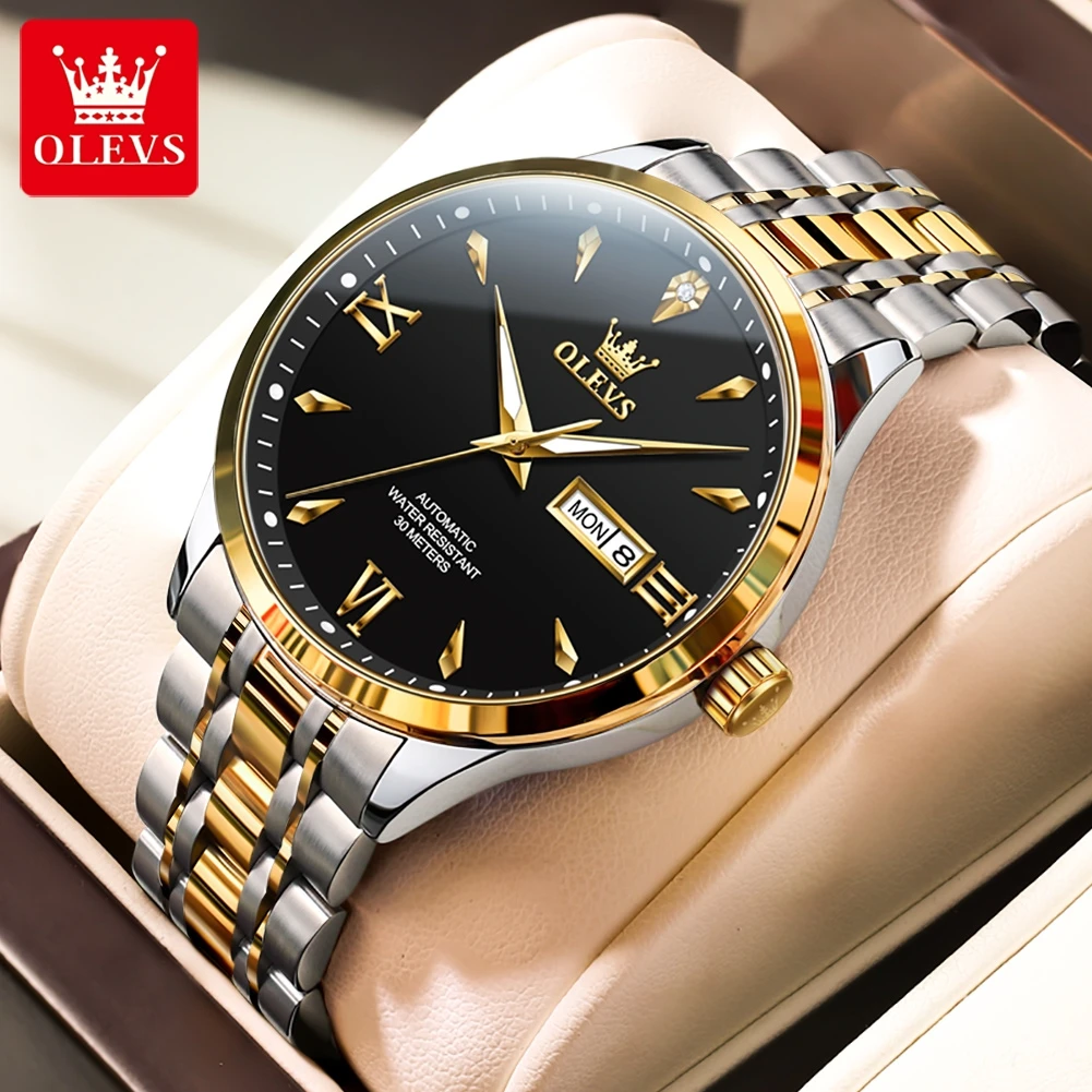 OLEVS 9956 Men\'s Watches Dual Calendar Display High Quality Stainless steel Automatic Mechanical Watch for Men Business Dress