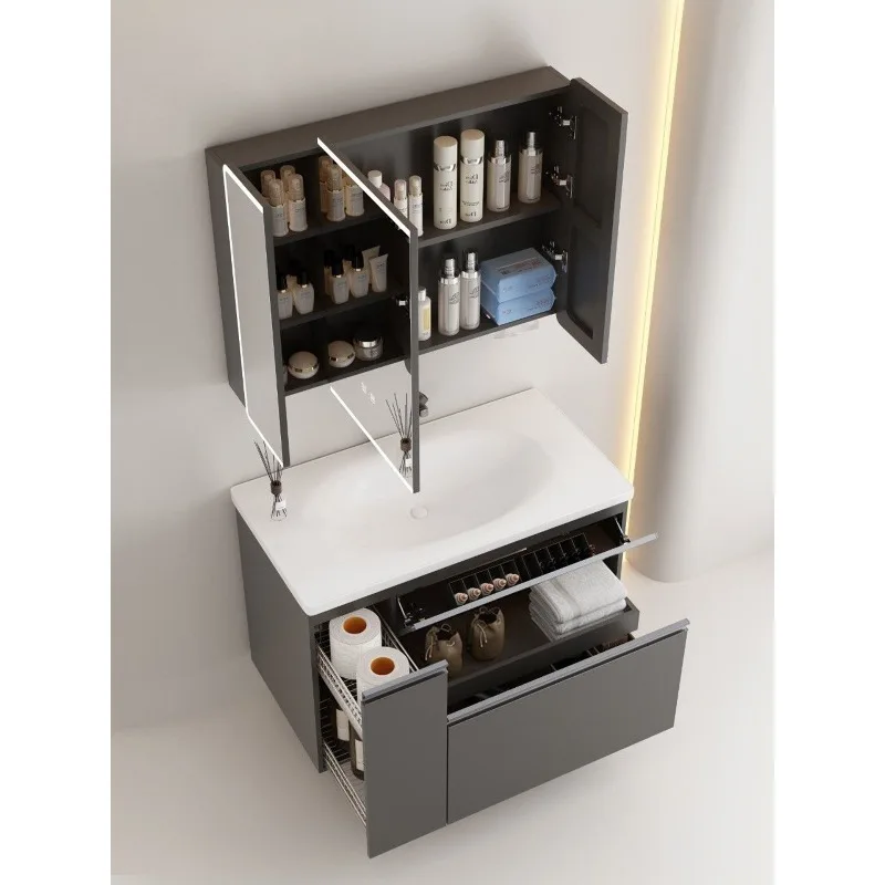 

Grey heightened storage basket integrated ceramic basin smart mirror cabinet multi-functional pull basket bathroom cabinet S2