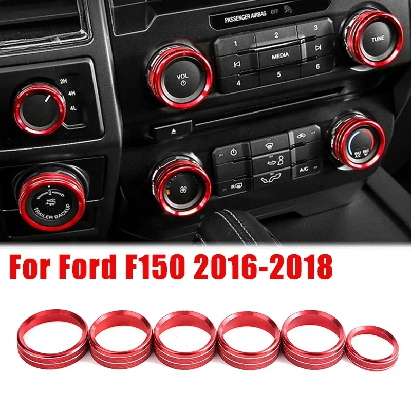 6Pcs Air Conditioner & Audio Switch Knob Ring Cover Trim for Ford F150 2016-2018 Front Control Button Decorative Circle Ring