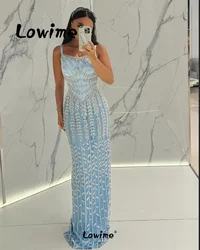 Aso Ebi Blue Beaded Mermaid Prom Dress Sequined Lace Floral Evening Formal Party Second Reception Birthday Engagement Gowns