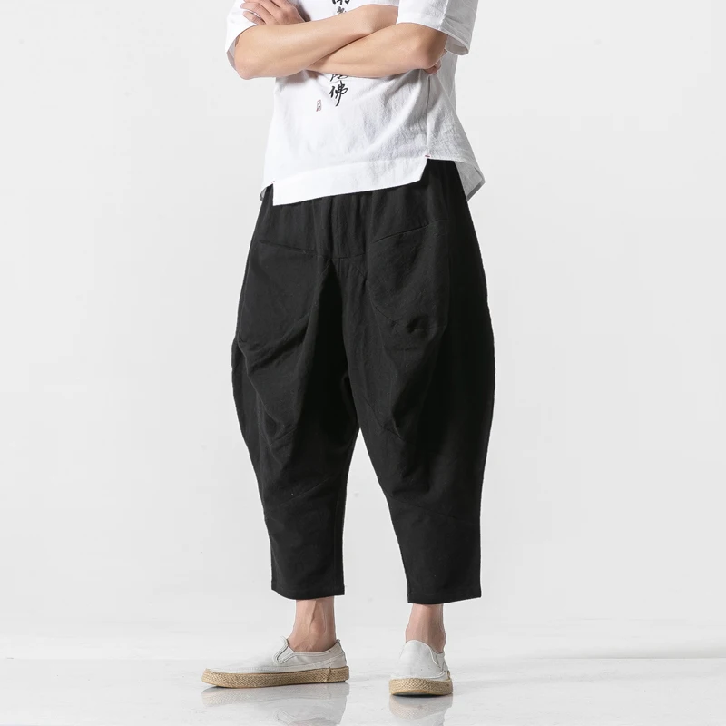 Wide Man 2023 Linen Cotton Men's CrotCh Pants Chinese Harem Style Ankle-length Bloomers Legs