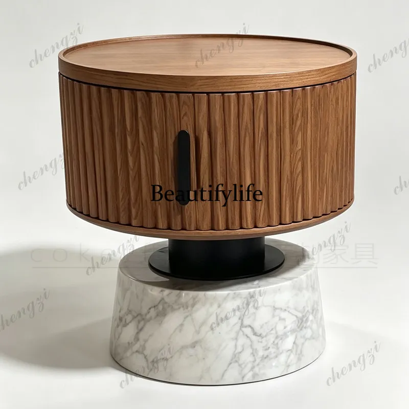 Italian minimalist round bedside table solid wood designer marble storage locker