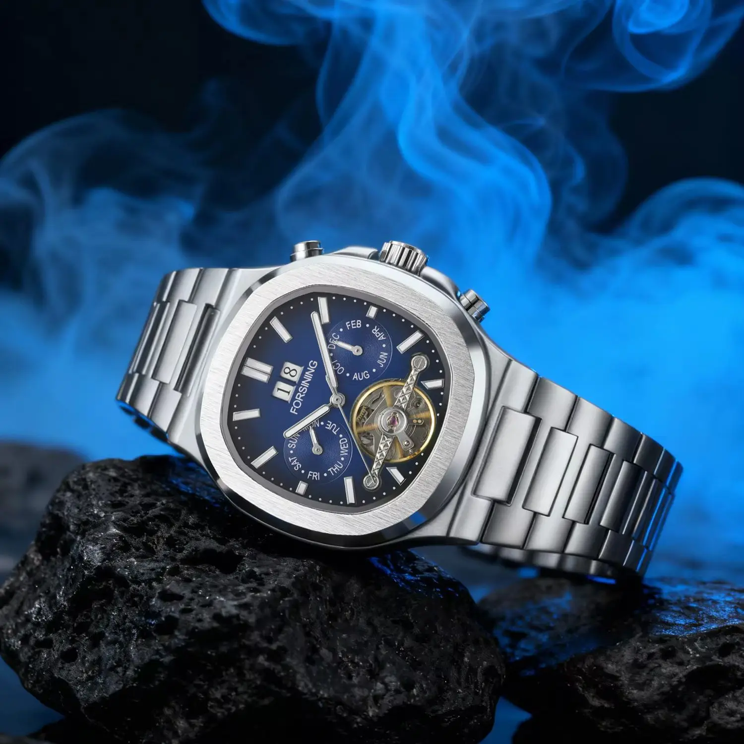 Forsining Fashion Tourbillon Skeleton Automatic Mechanical Watch for Men Luminous Hands Stainless Steel Strap Business Watches