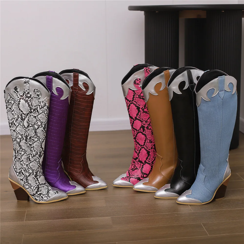 Fashion Knee High Boots Western Cowboy Boats for Women Long Winter Pointed Toe Cowgirl Wedges Motorcycle Booties Yellow Red Blue