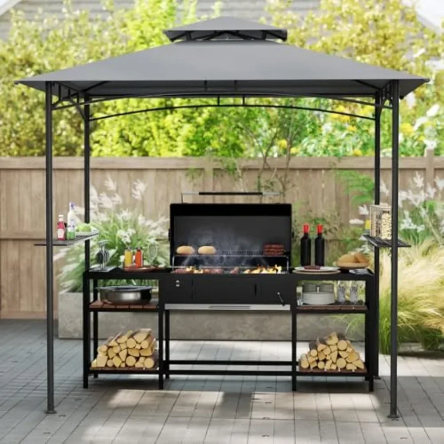 8x5 Feet Grill Gazebo 2-Tier Barbecue Gazebo with 2 Shelves 6 Hooks Metal Fe Outdoor Grill  for Backyard Garden Poolside