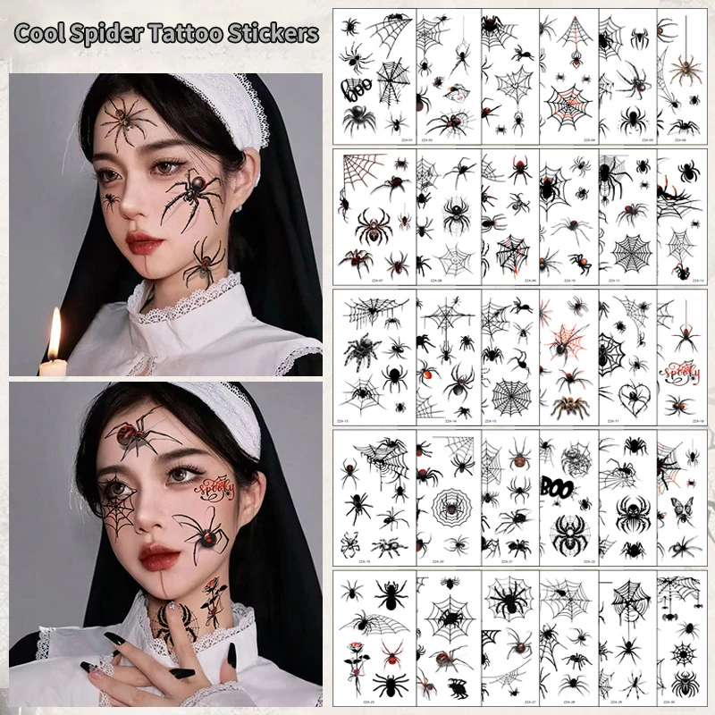 

30Sheets/Pack New Halloween Holiday Party Face Makeup And Terror Spider Design Fake Temporary Waterproof Tattoo Sticker