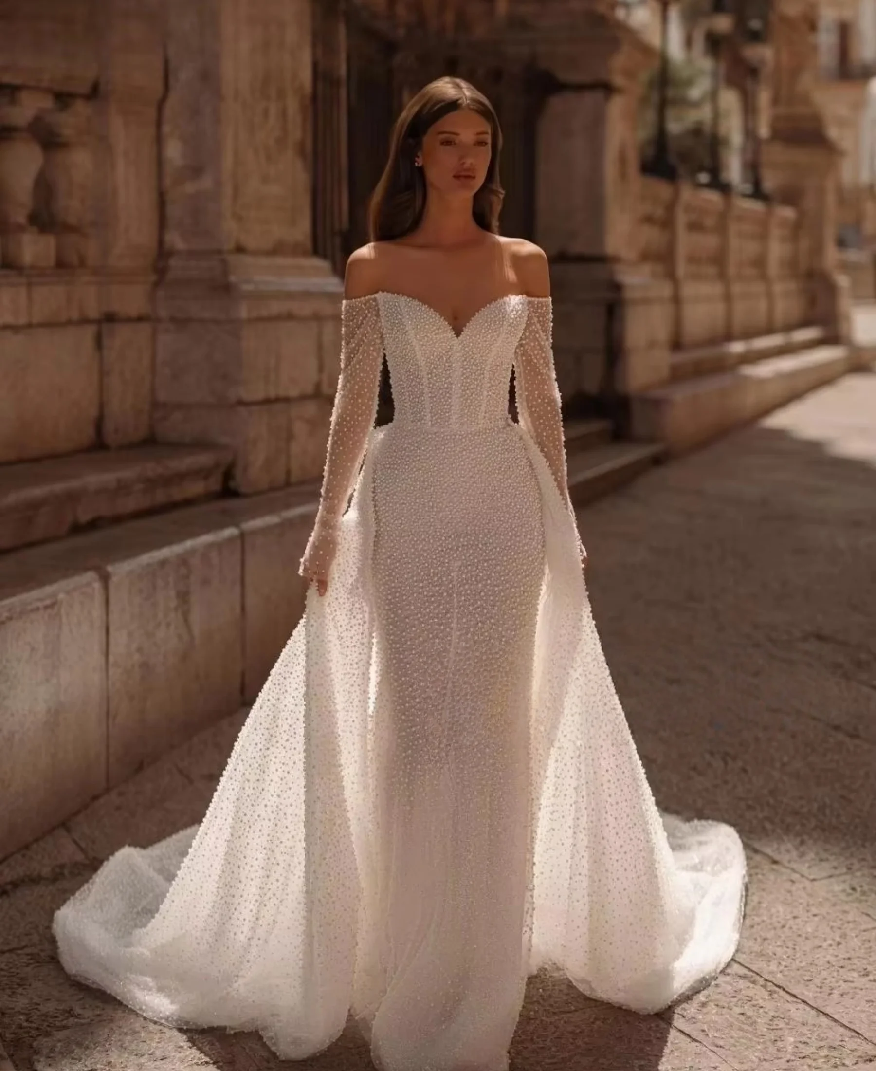 Detachable Train Sparkling Pearls Wedding Dress Dreamy Off Shoulder Bridal Gown Customized Gorgeous Dresses Vestidos De Novia