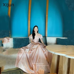 Xijun Pink Satin Evening Dresses Sleeves Off The Shoulder Formal Prom Dresses 이브닝드레스 A-Line Sweetheart Wedding Paty Gowns Korean