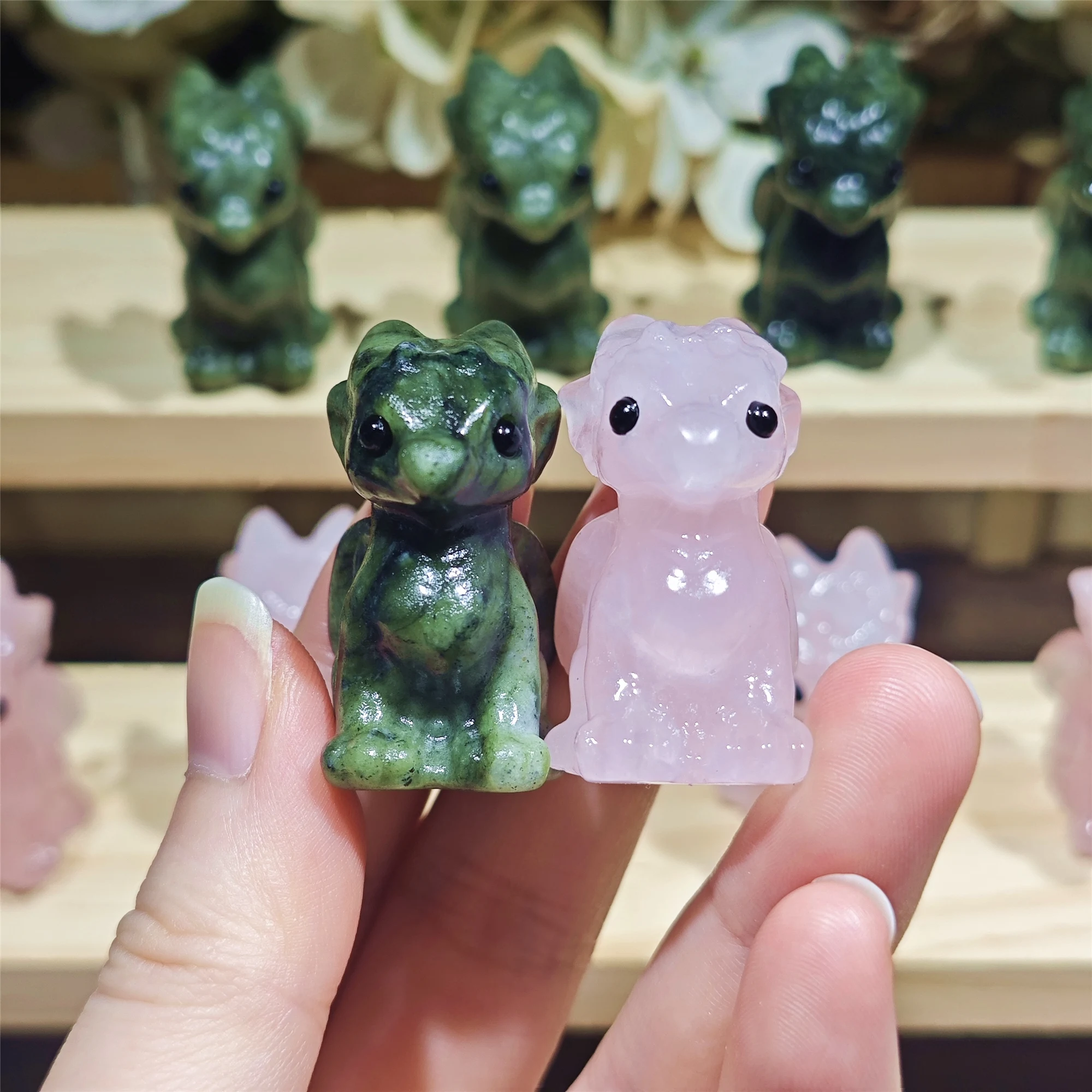 Hand Carved Natural Crystal Flying Dragon Figurine Gemstone Carving Green Serpentine or Rose Quartz Option Home Desk Decor