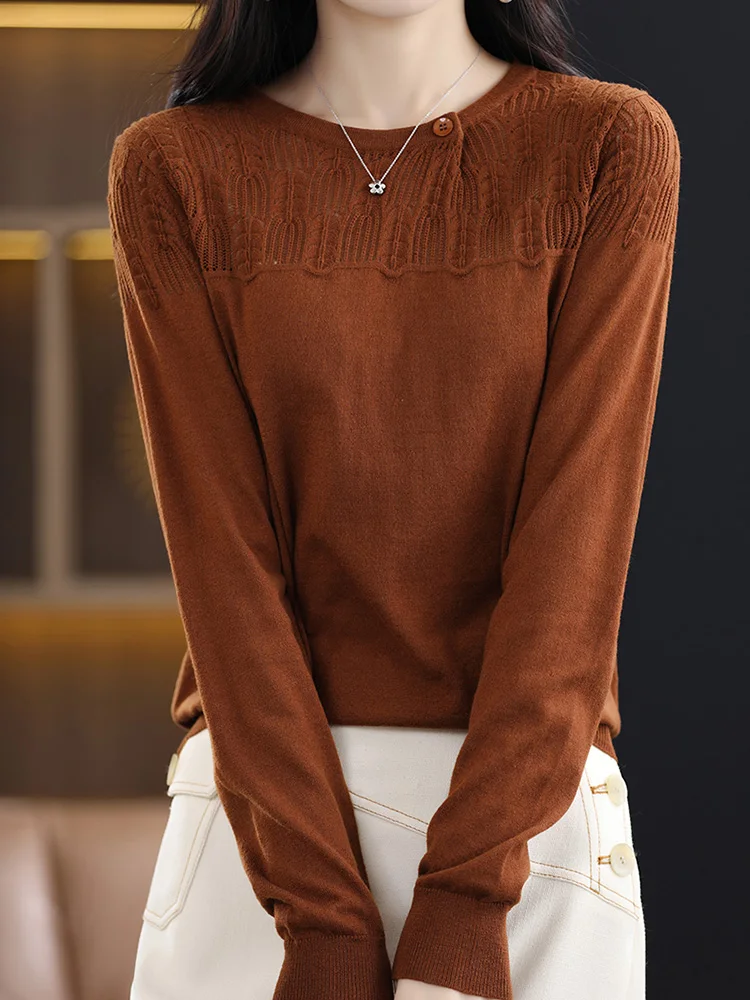 Luxury Spring Summer Women Knitted Pullover 30% Merino Worsted Wool Thin Sweater Outerwears Long Sleeve Hollow Out Clothing Tops