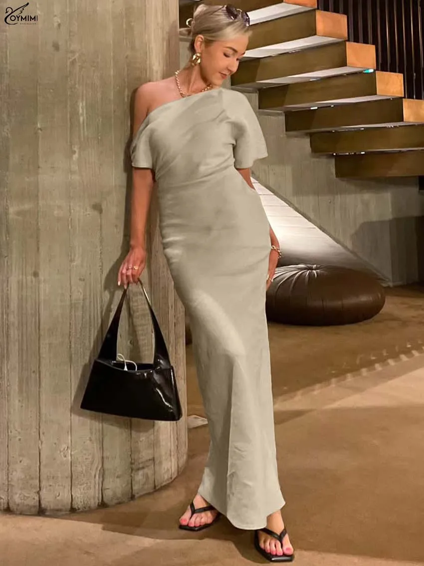 

Oymimi Elegant Khaki Cotton Womens Dresses Fashion Skew Collar One-Shoulder Solid Dresses Casual Straight Ankle-Length Dress