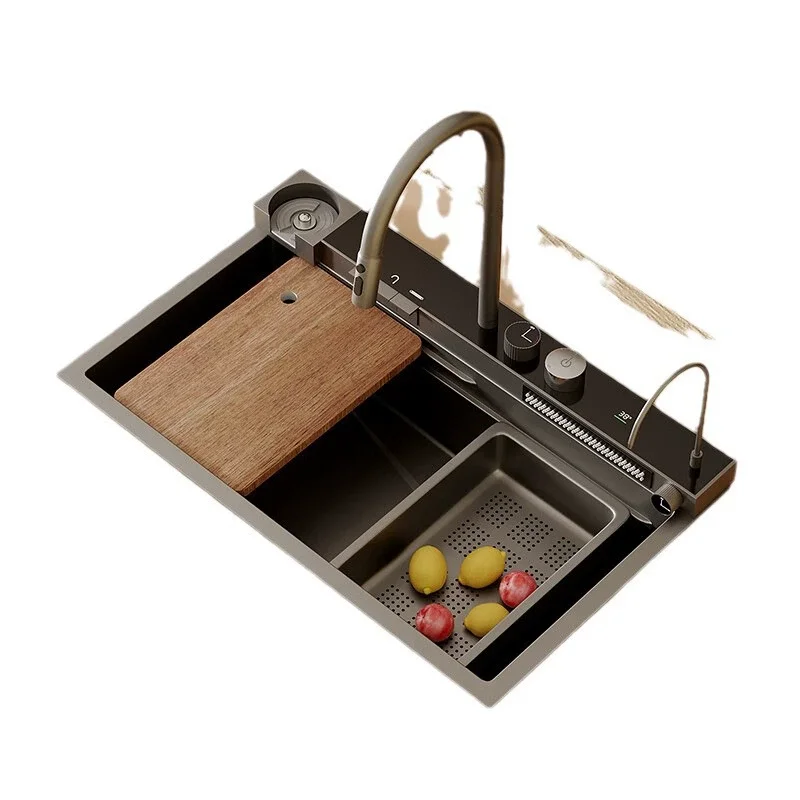 

Многофункциональная утолщенная устойчивая к царапинам умная раковина из нержавеющей стали 304, кухонная кухонная мойка со светодиодным цифровым дисплеем и водопадом