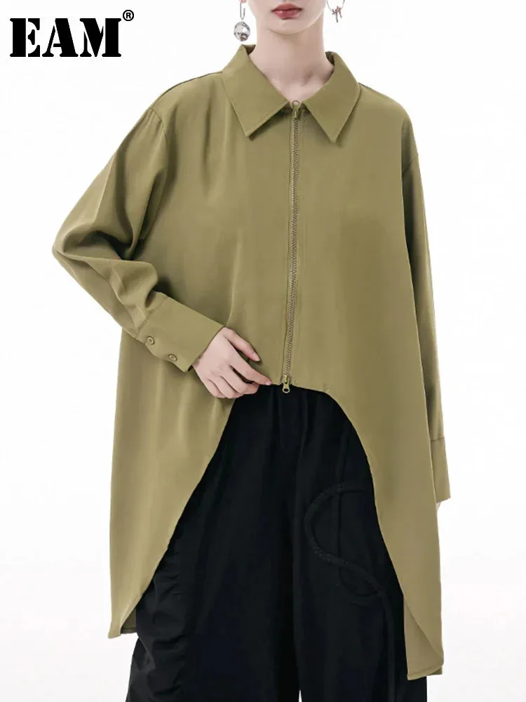 [EAM] Women Army Green Big Size Asymmetric Blouse New Lapel Long Sleeve Loose Fit Shirt Fashion Tide Spring Autumn 2024 1DH3296