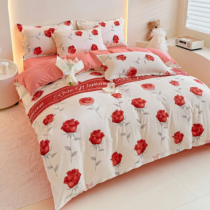 Class A Flower Print Sanding Bedding Set Skin Friendly Sleeping Bedspread Kit for Dormitory Home Full King Queen Bed Linens