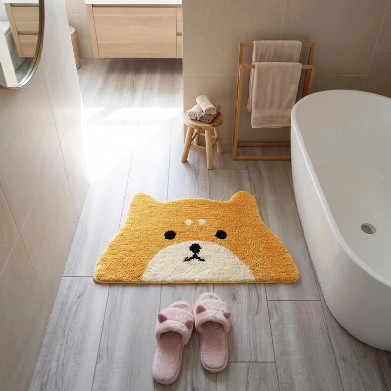VIKAMA Kawaii Cartoon Shiba Inu Bath Mat Soft Plush Non Slip Water Absorbent Doormat Cute Animal Rug Home Decoration