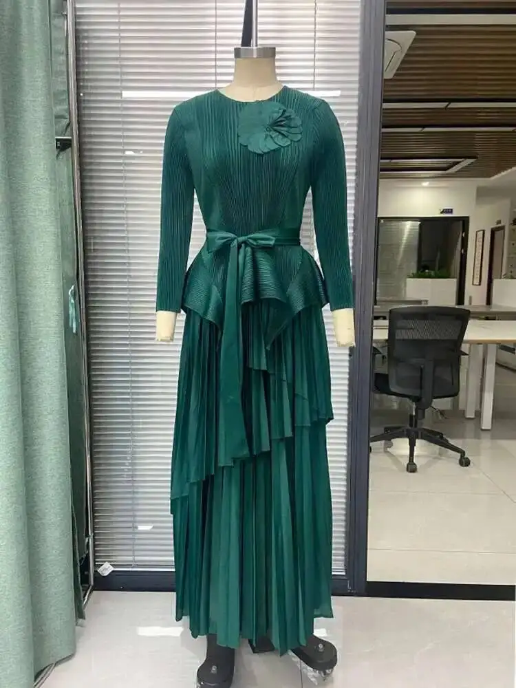 Shirts Irregular Pleated With Flower Decoration Belt Gathered Waist + Long Skirts Female Party Elegant Clothing 2GEO3