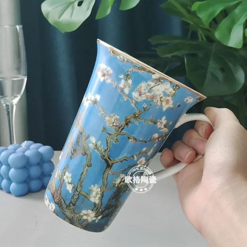 Germany World-Famous Painting Van Gogh Blooming Apricot Mug Large Capacity Blue Bone China Coffee Mug Ceramic Mug  Mugs