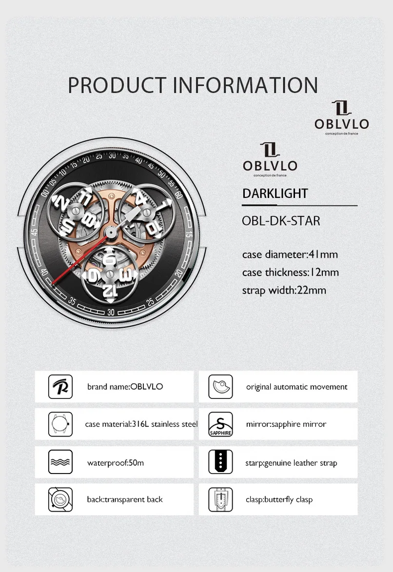 OBLVLO Men Automatic Watch 41MM Mechanical Wristwatch Luminous 50M Waterproof Sapphire Starwheel Concept Dial Rotatable 3 Disks