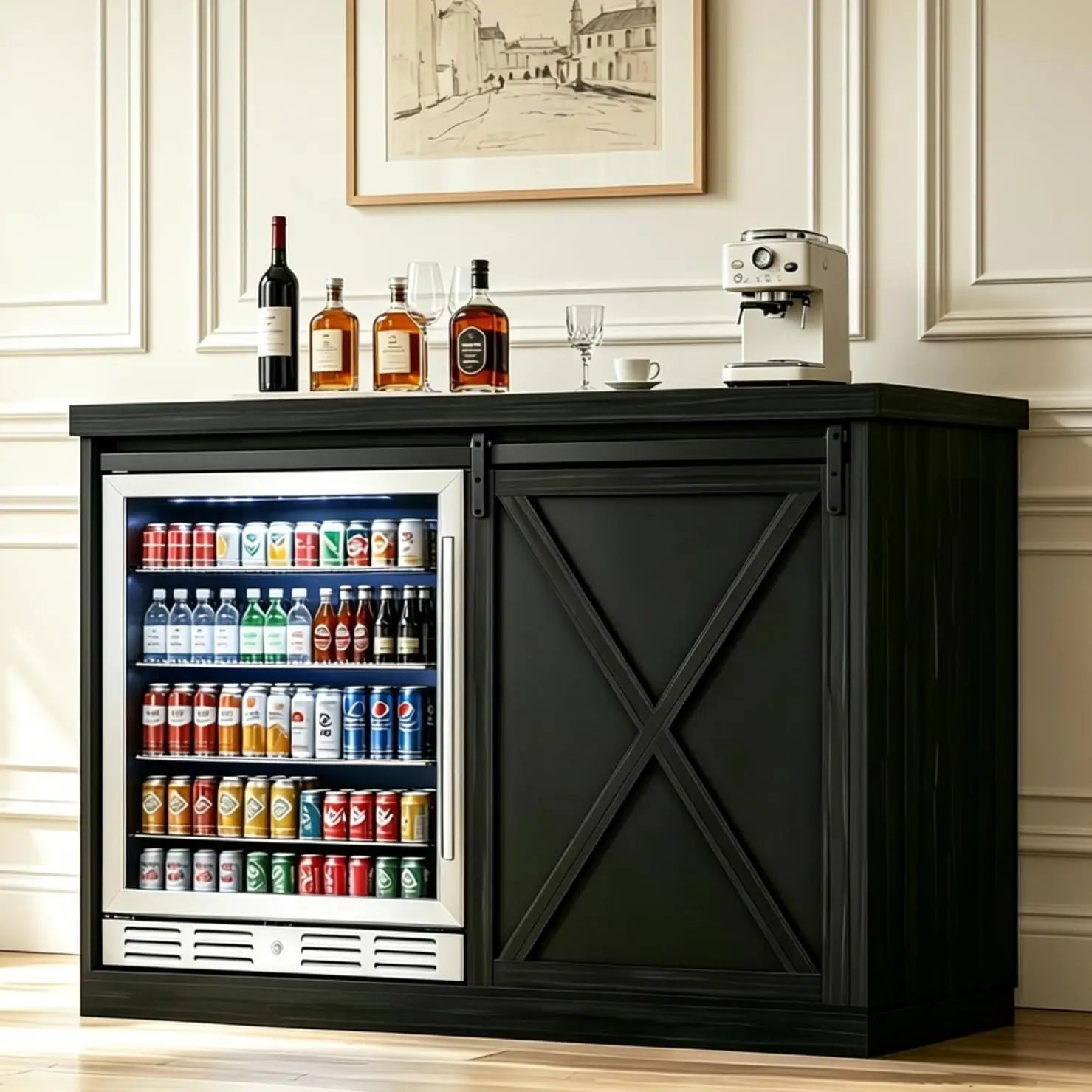 Farmhouse Coffee Bar Cabinet with Fridge Space, Sliding Barn Door, Power Outlet, Wine Rack & Glass Holder for Kitchen, 49.2