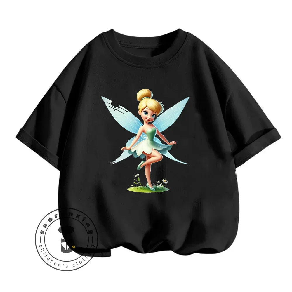 2024 Playful Tinker Bell Animated Cartoon Character Print Design O-neck Vintage Style Short-sleeved Shirt for Summer Children