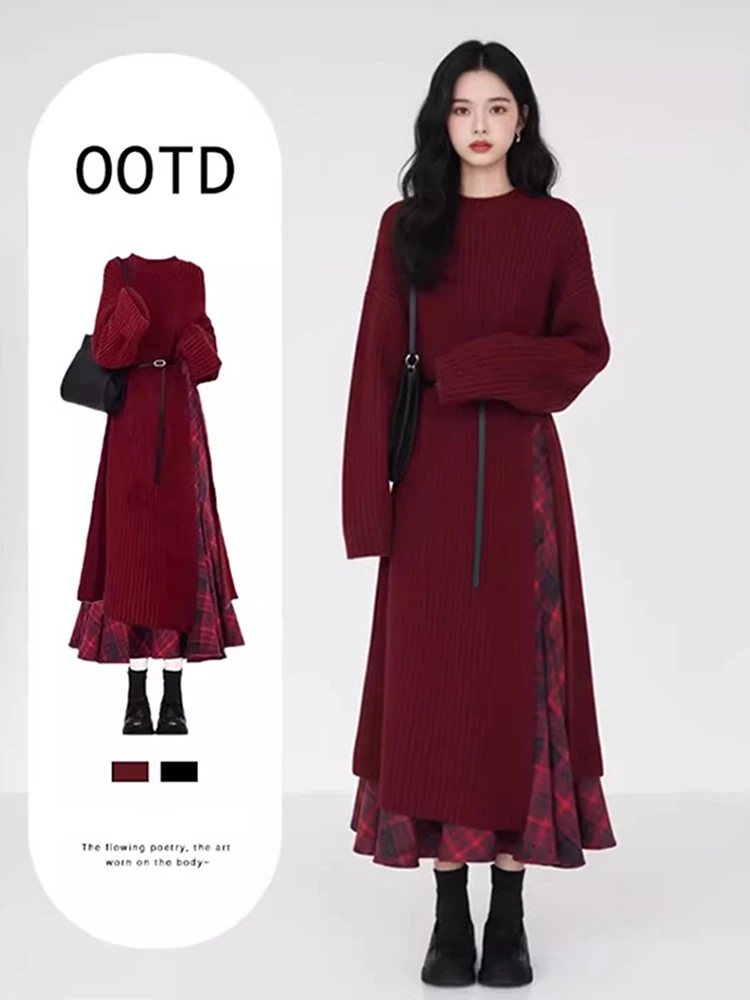 

Red Knitted Dr Luxury Sle Long Skirt Autumn Winter New Year's Outfit Small Fraance Sle Long Sweater Midi Dr for W...