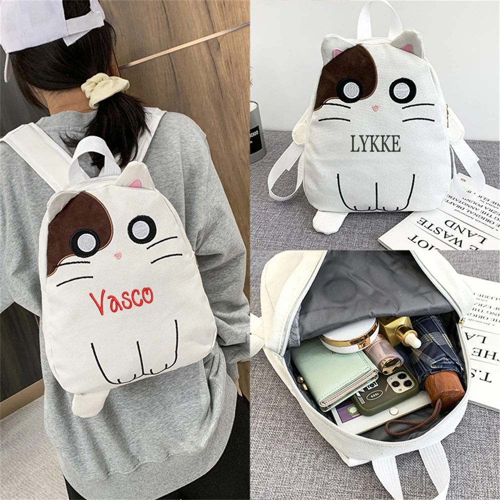 

Cartoon Cat Canvas Bag Women's Fashion Backpack Custom Name Cute Girl's Backpack Schoolbag Personalized Children's Day Gifts