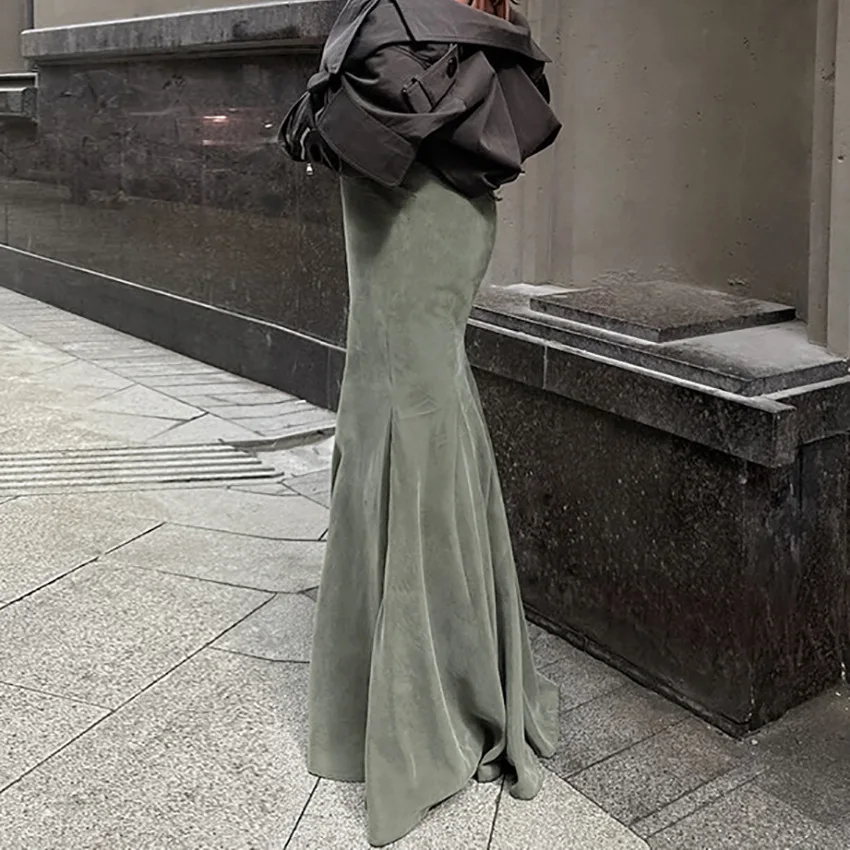 กระโปรงยาวหางปลากํามะหยี่มิงค์สีเขียวฝรั่งเศสพร้อมกระโปรงยาวกอดเอวและสะโพกสําหรับผู้หญิง