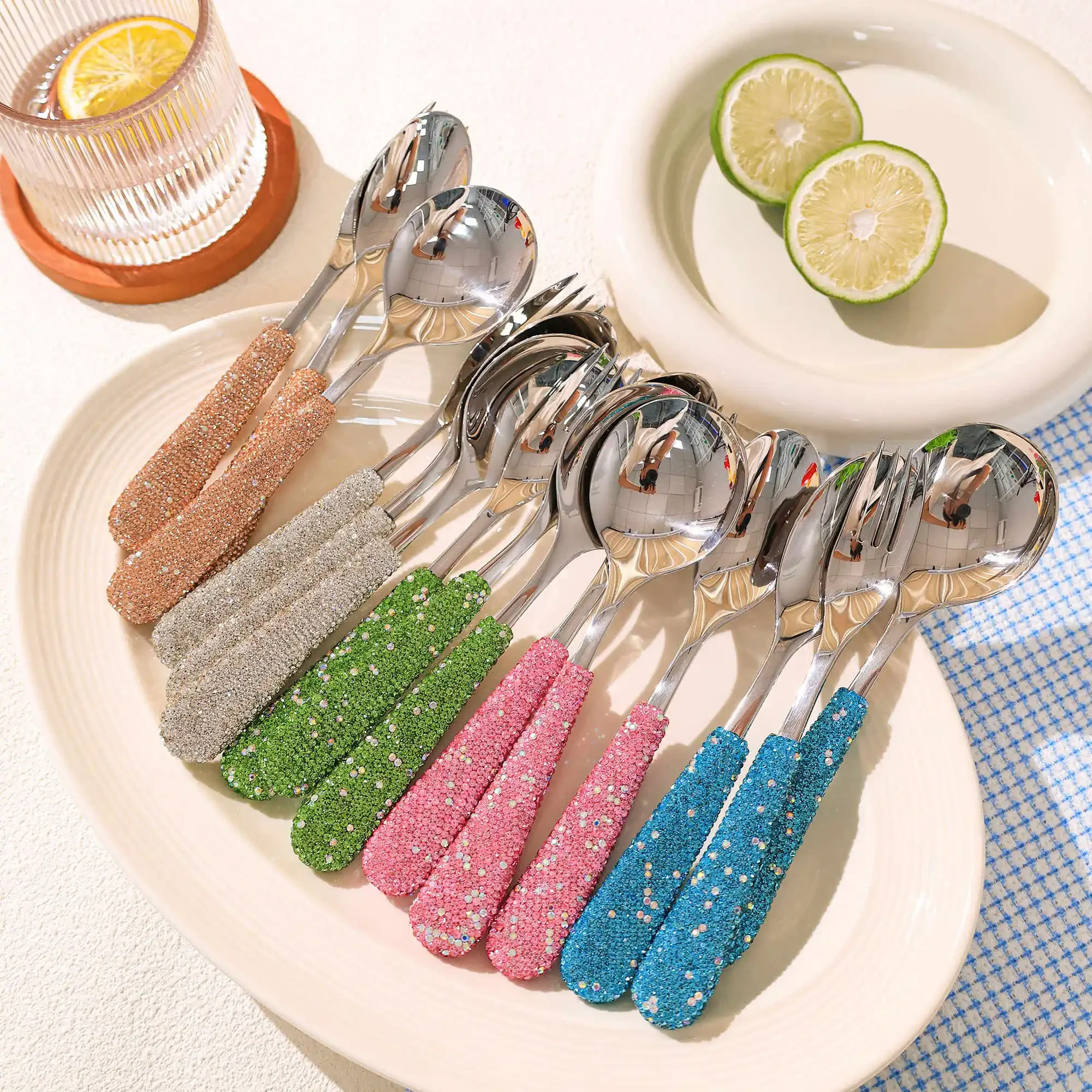 304 Stainless Steel Dessert Spoon Fork Set Bling Rhinestone Silver Western Tableware Mini Ice Cream Coffee Salad Fork Dinnerware