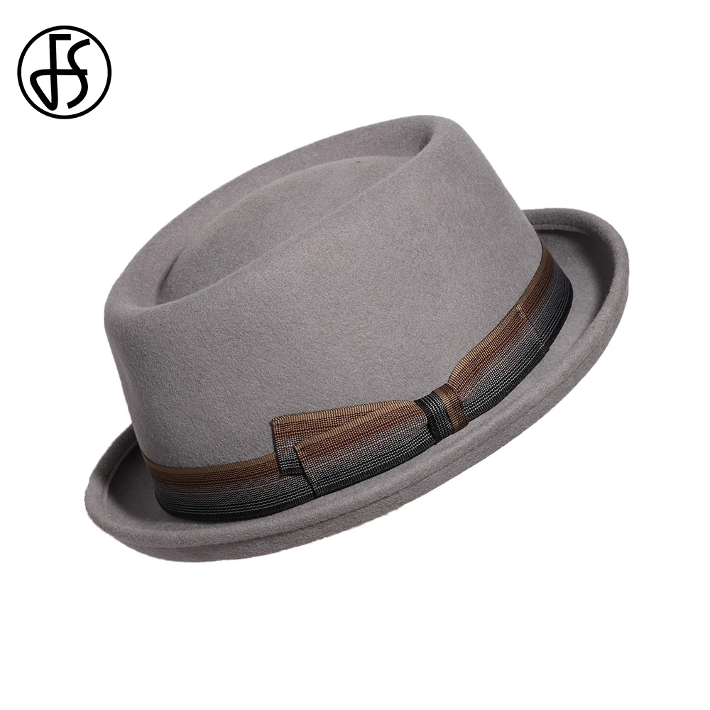 FS 2023 Roll Brim Pork Pie Hats Fashion Men Women Gray Jazz Hat Gentlemen Wool Fedoras Church Panama Cap Gorras Para Hombres