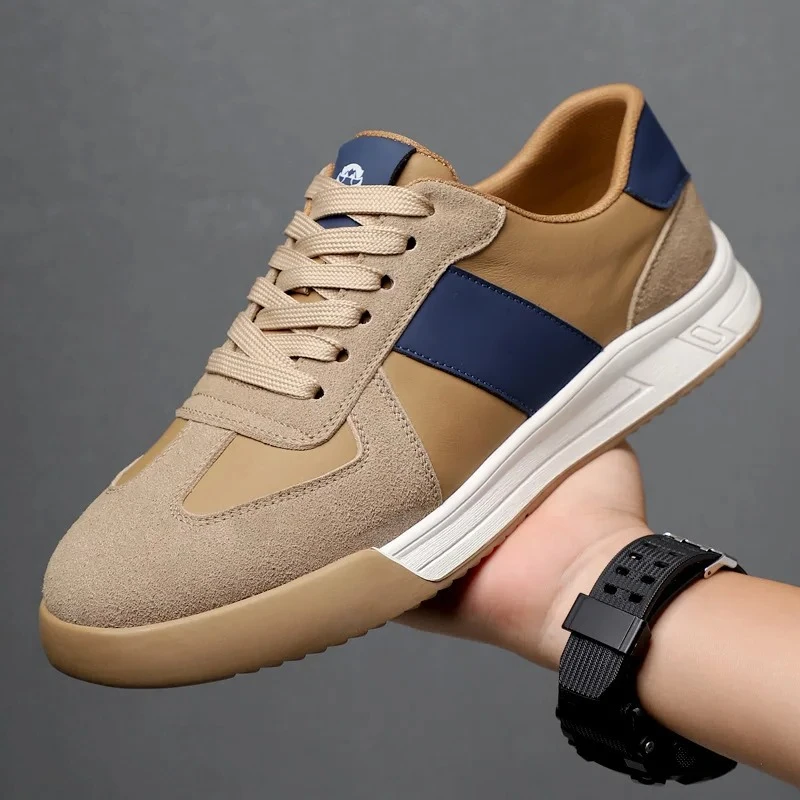 

Brand New Men Genuine Leather Casual Shoes Trend Striped Flat Skate Shoes Cool Lace-up Sneakers