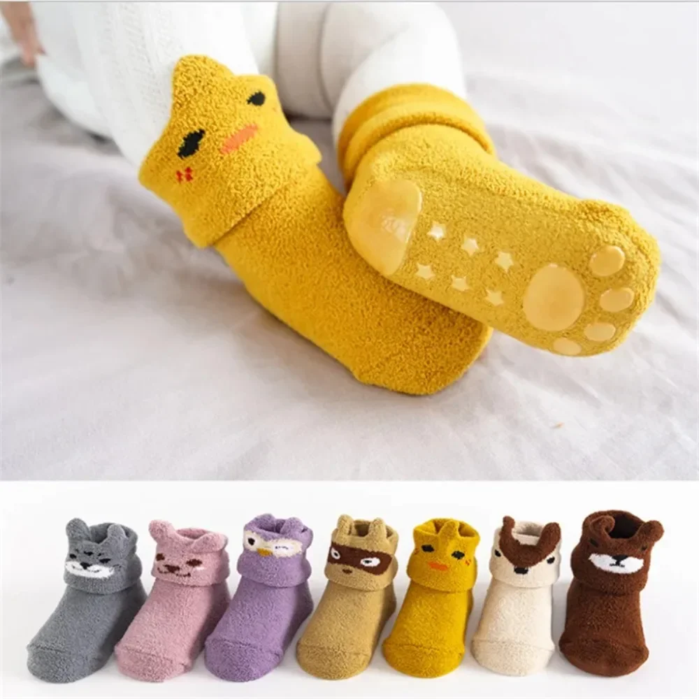 1PCS Gray Silicone Non-Slip Baby Sock Newborn Soft Coral Fleece Toddler Sock Cartoon Floor Infant Elastic Socks For 0-1 Year Kid