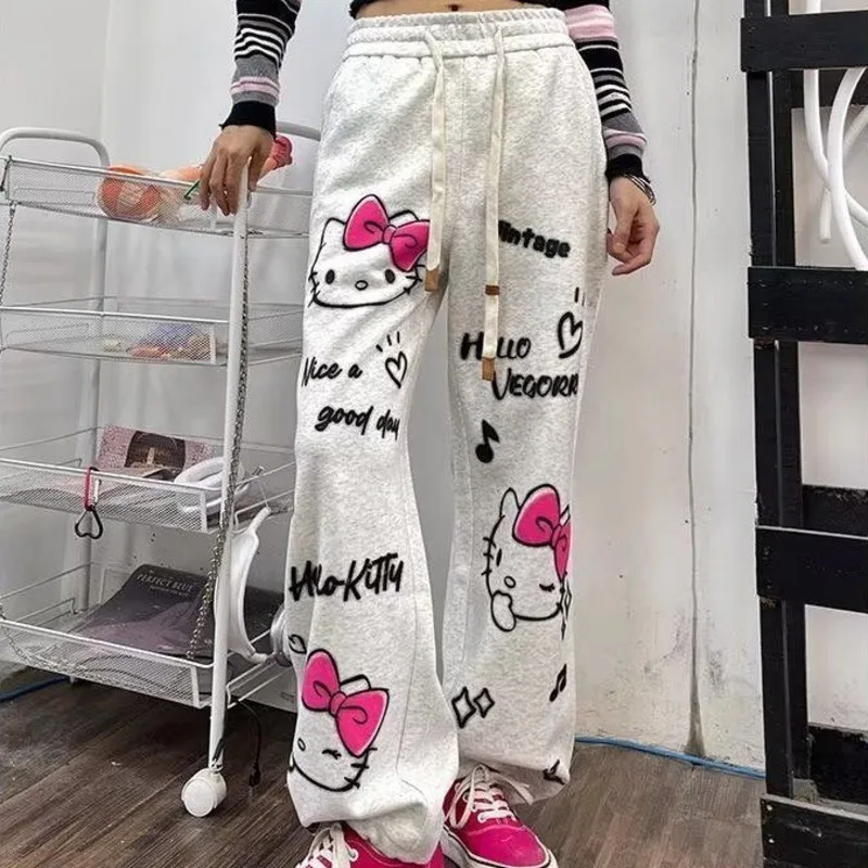 Y2k New Hello Kitty Grey Streetwear Sweatpants for Women\'s Spring and Autumn Graffiti Sports Straight Tube Loose Wide Leg Pants