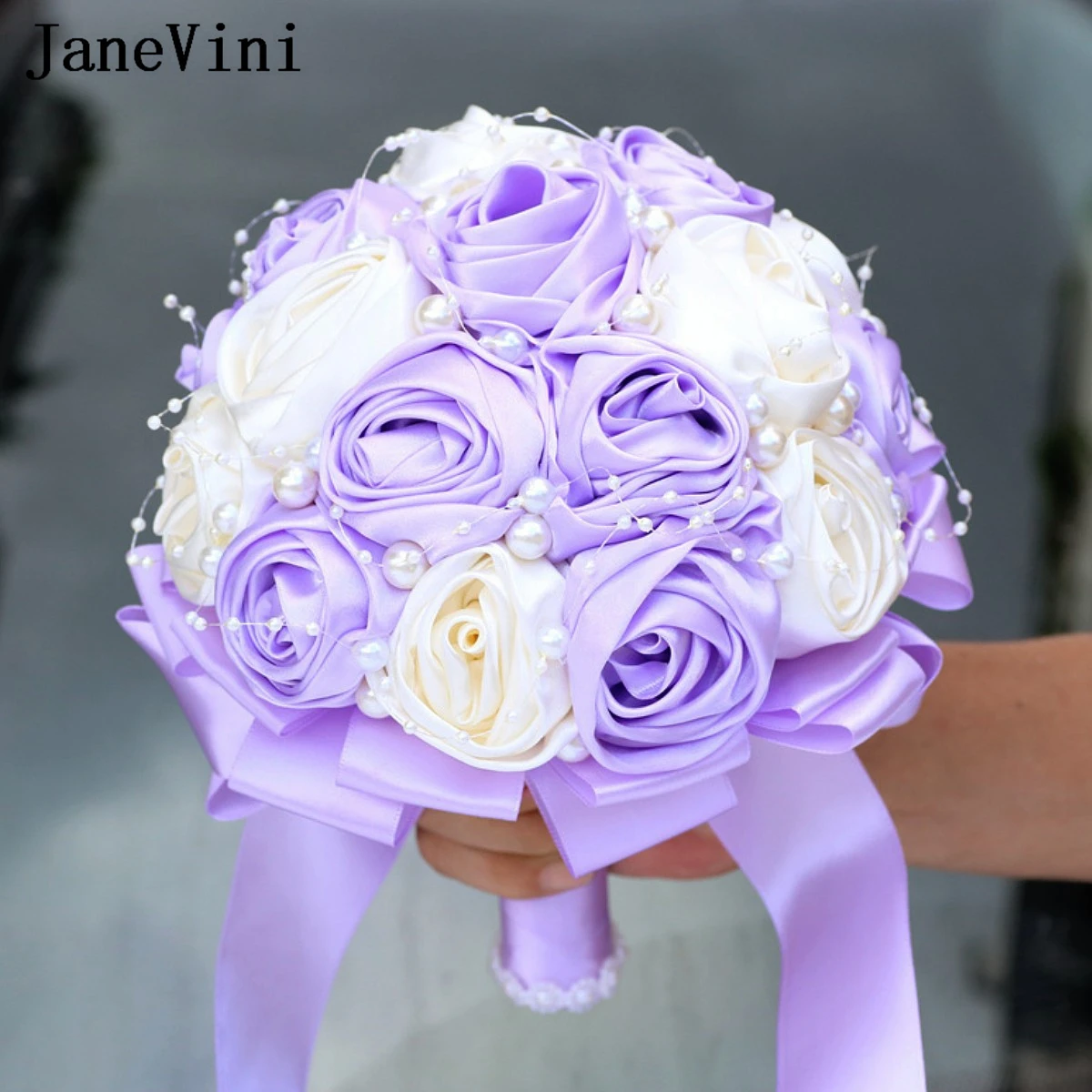 JaneVini Elegant Light Purple Bride Wedding Bouquet Pearls Satin Roses Bridesmaid Bridal Hand Flowers Burgundy Ramo De Boda 2024