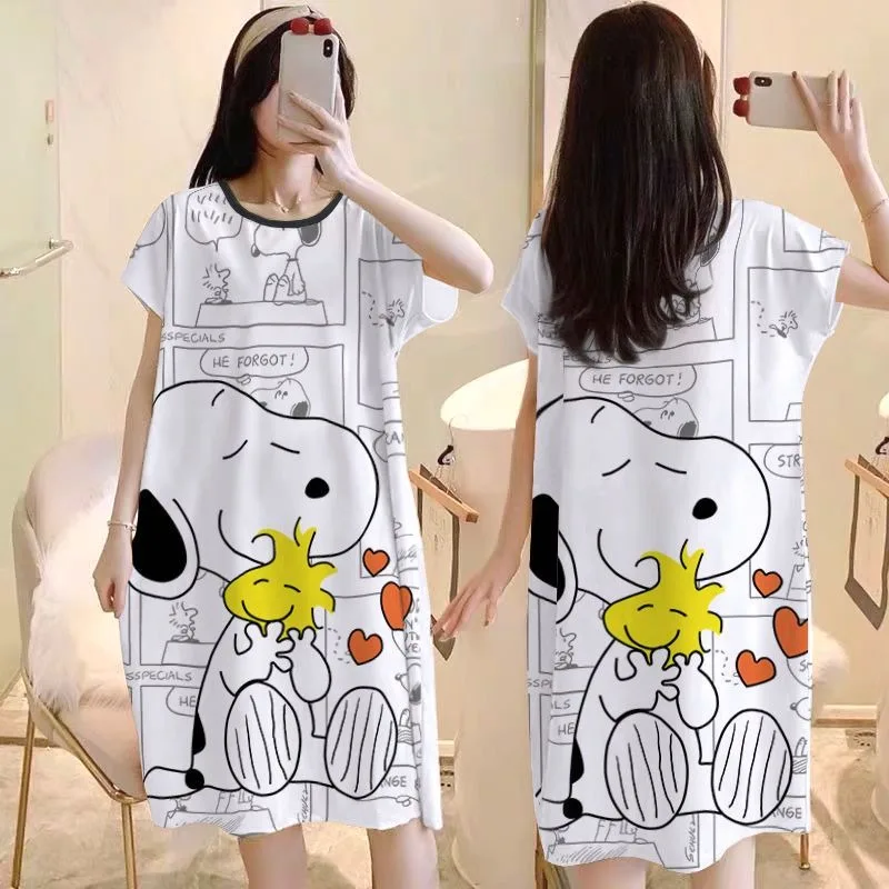 Snoopy piyama lengan pendek anime kawaii untuk wanita, pakaian rumah manis lucu kartun longgar versi Korea musim panas hadiah ulang tahun