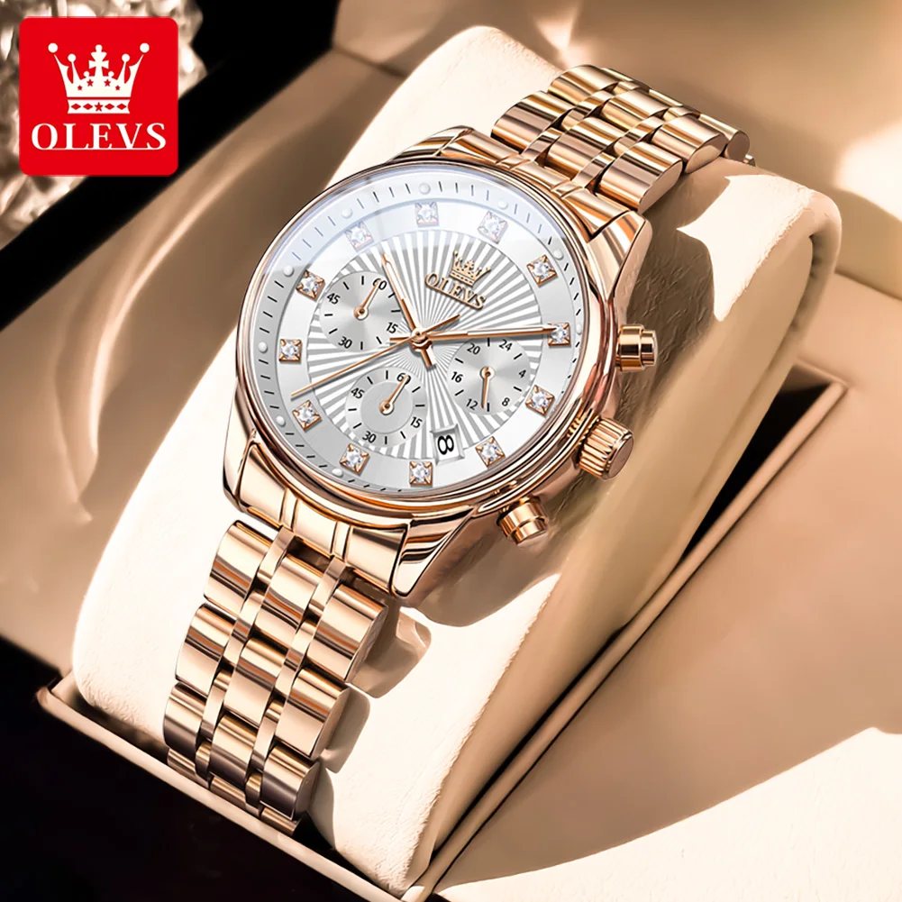 OLEVS 3669 Women's Watches Top Brand Luxury Rose Gold Original Quarzt Watch for Lady Waterproof Stainless Steel Chronograph Date