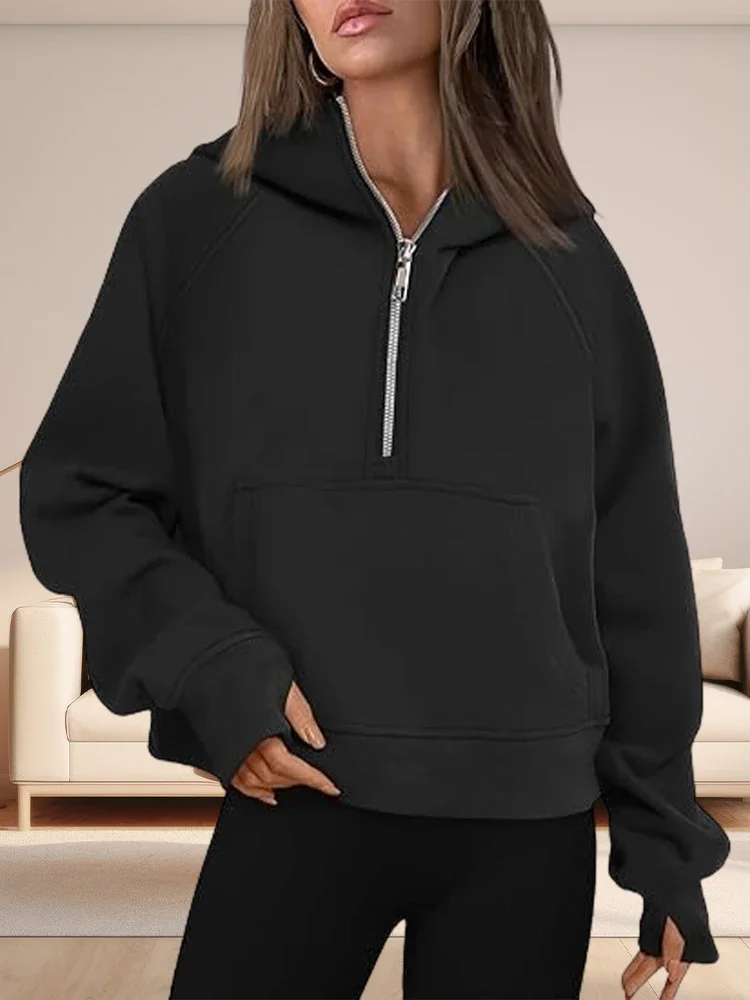 

Fall Solid Color Zipped Long Sleeve Women Hooded Sweatshirts Thicken Pockets Ladies Hoodies Casual Loose Fit Woman Pullovers