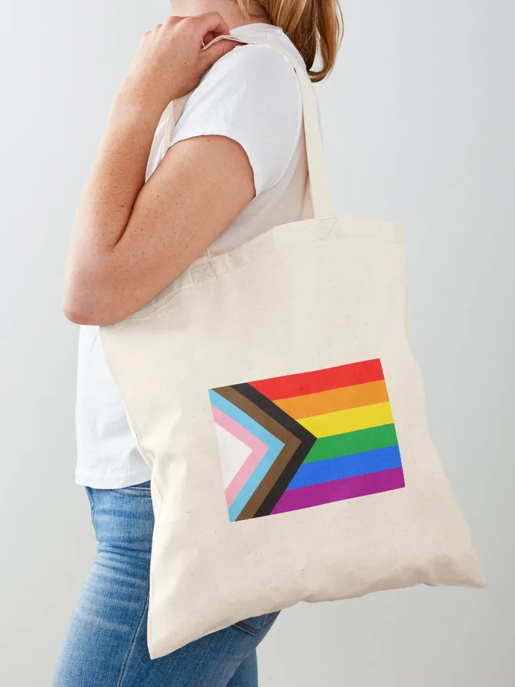 LGBTQ + Progress Pride Flag حمل حقيبة حمل الحقائب القماشية حقيبة امرأة للمتسوقين أكياس التسوق القابلة لإعادة الاستخدام حجم كبير
