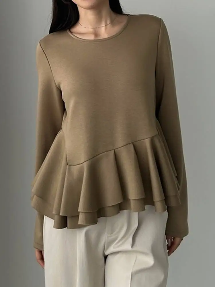 

Casual Loose Women's Base irt Spring Autumn Faion Asymmetrical Hemline Polyester Long Sve round Ne Top