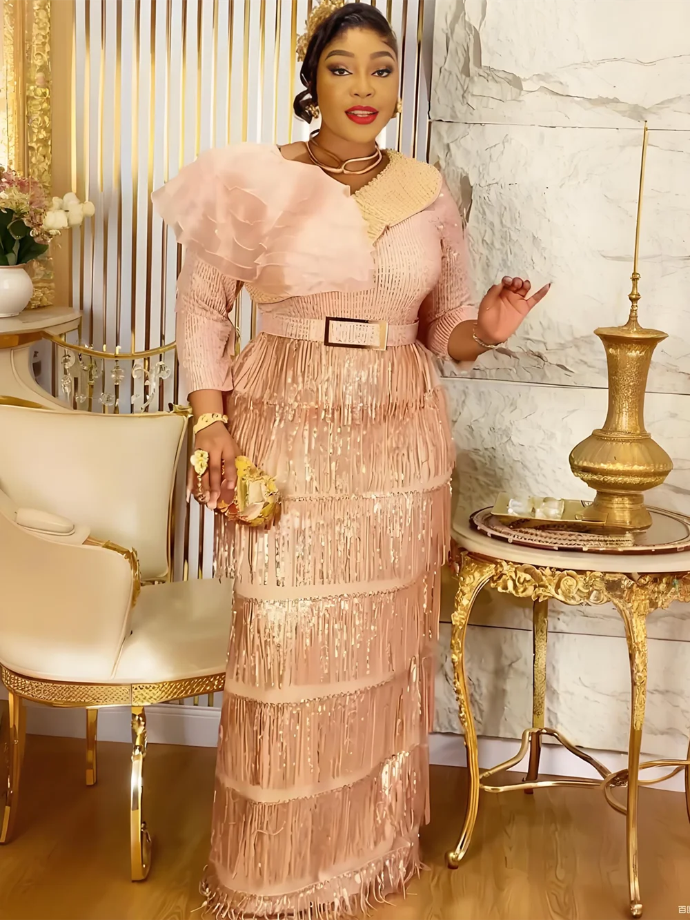 

Plus Size African Party Dresses for Women 2025 New Dashiki Tassel Sequin Wedding Evening Gown Elegant Muslim Maxi Dress