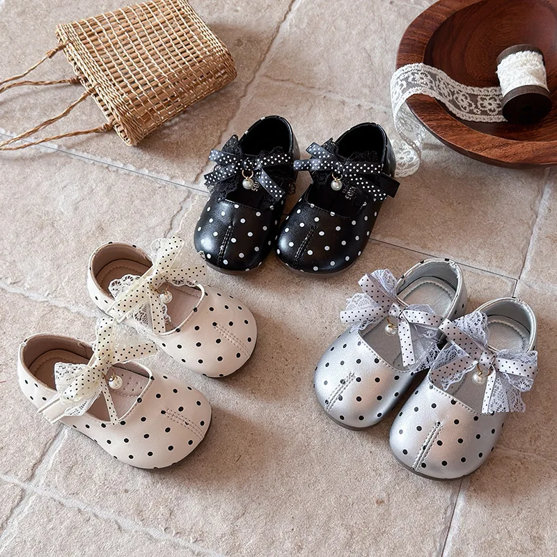 Spring Autumn Kids Toddler Girls Retro Polka Dot Mary Jane Shoes Bow Non-Slip Sole for Daily Walking Outdoor Wear 21-30